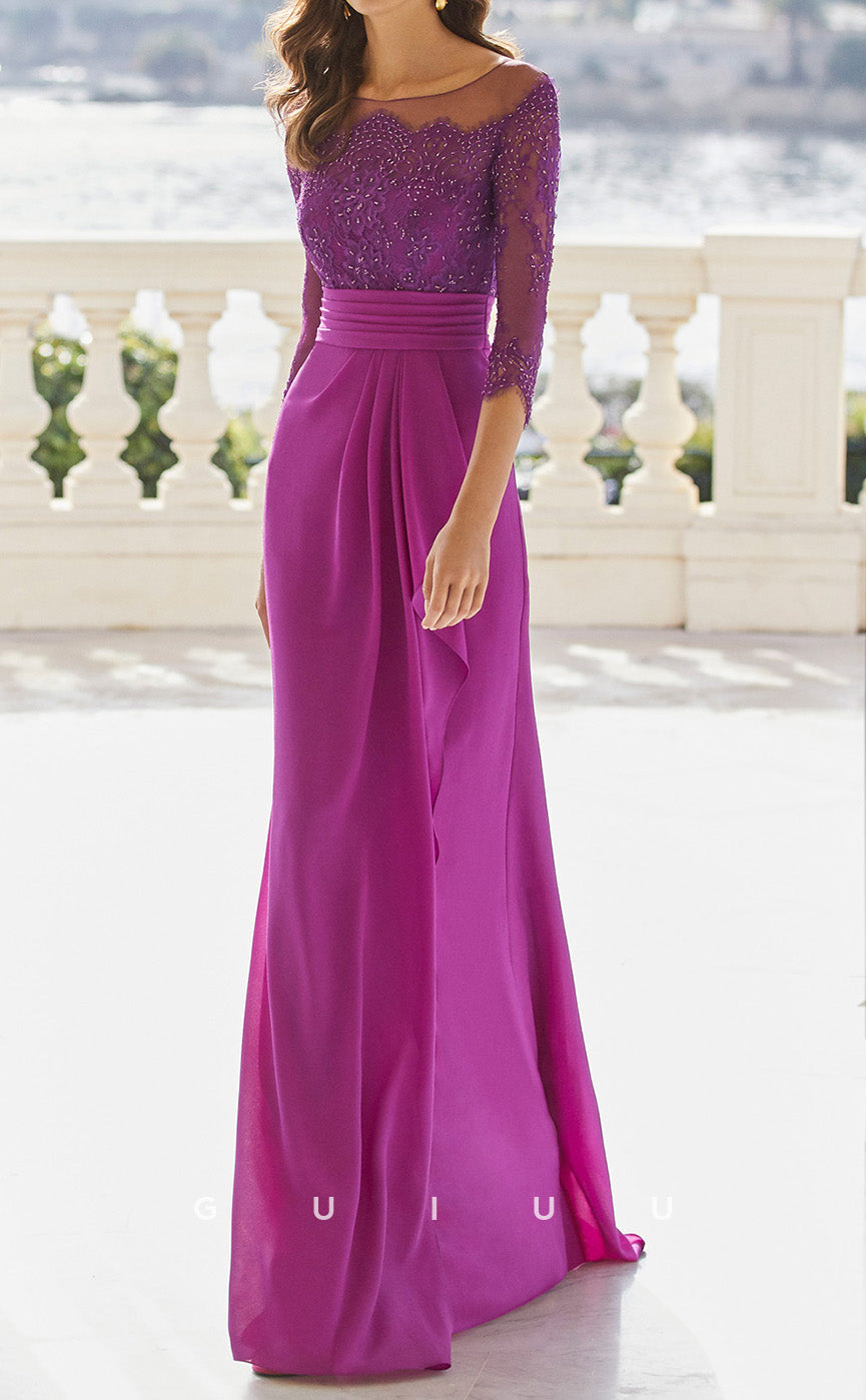 GM266 - Sheath Scoop Neck Half Sleeves Appliques Pleated Long Cocktail Dress with Train