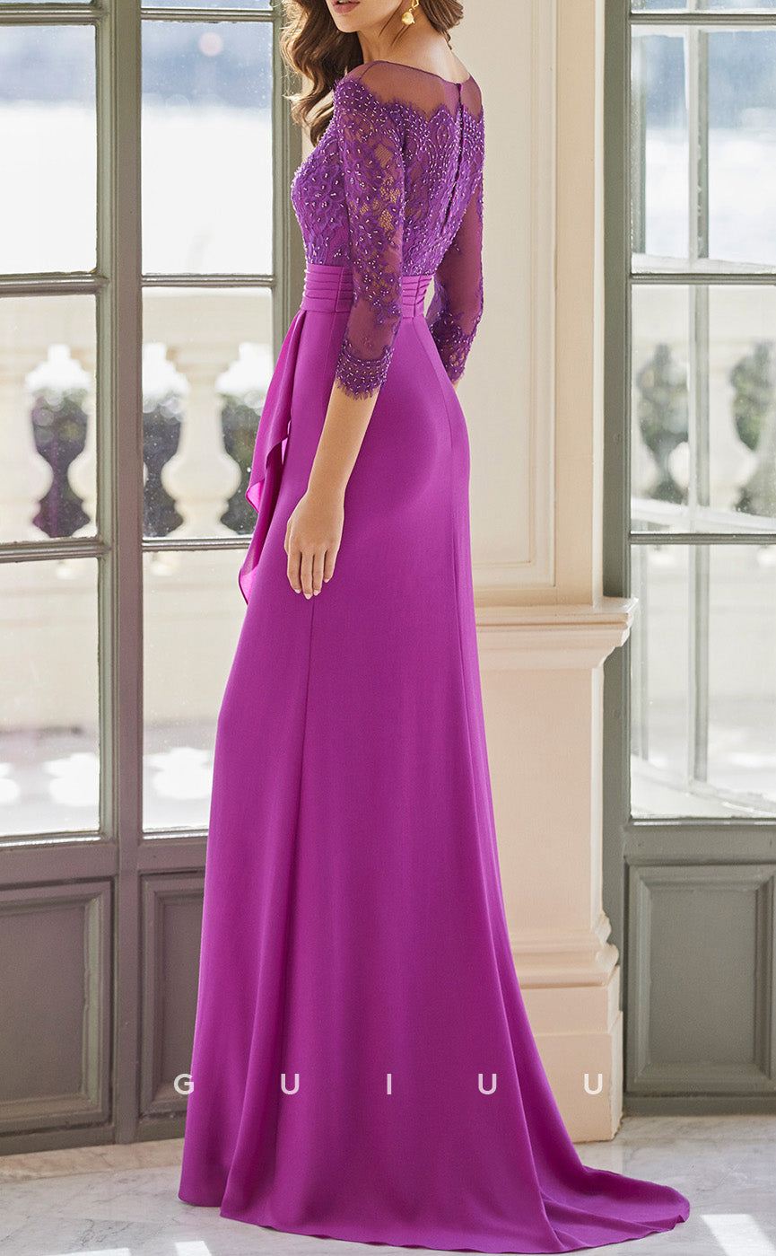 GM266 - Sheath Scoop Neck Half Sleeves Appliques Pleated Long Cocktail Dress with Train