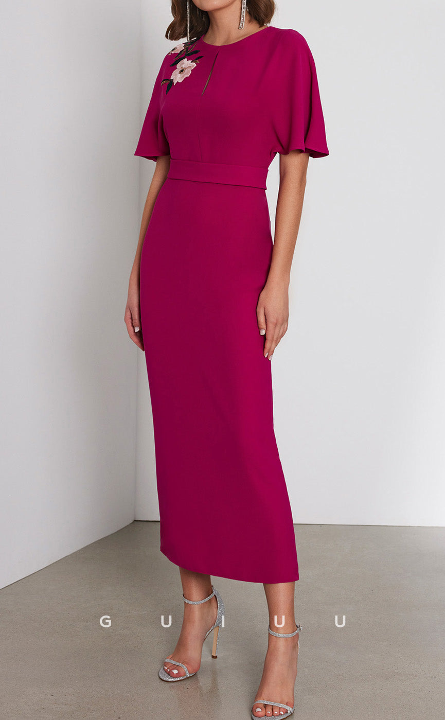 GM205 - Sheath Scoop Neck Half Sleeves Tea Length Cocktail Dress Wedding Guest Dress