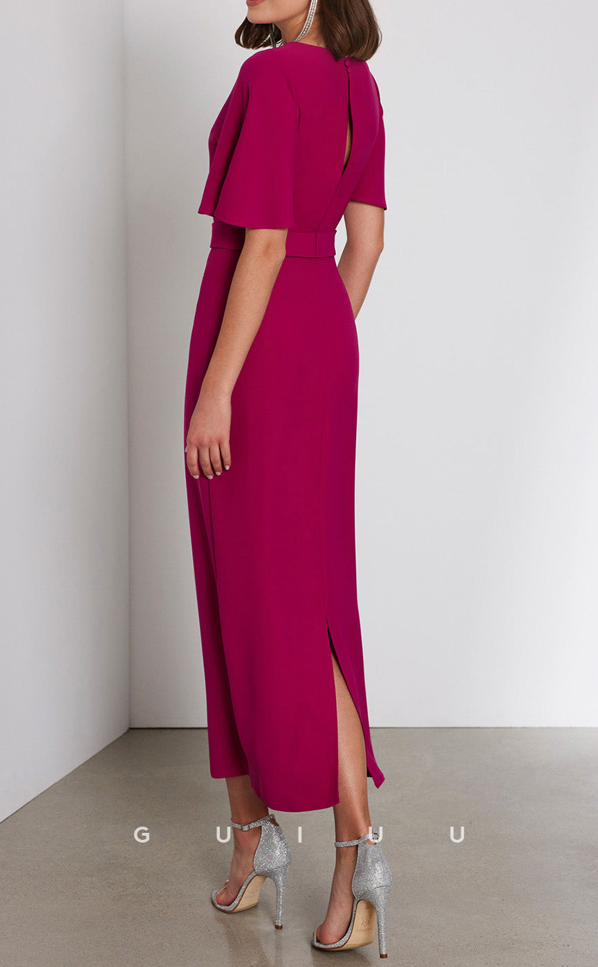 GM205 - Sheath Scoop Neck Half Sleeves Tea Length Cocktail Dress Wedding Guest Dress