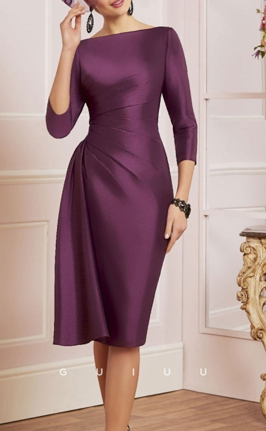 GM028 - Sheath Scoop Pleated 34 Sleeves Knee Legth Back Zipper Mother of the Bride Dress Wedding Guest Gown