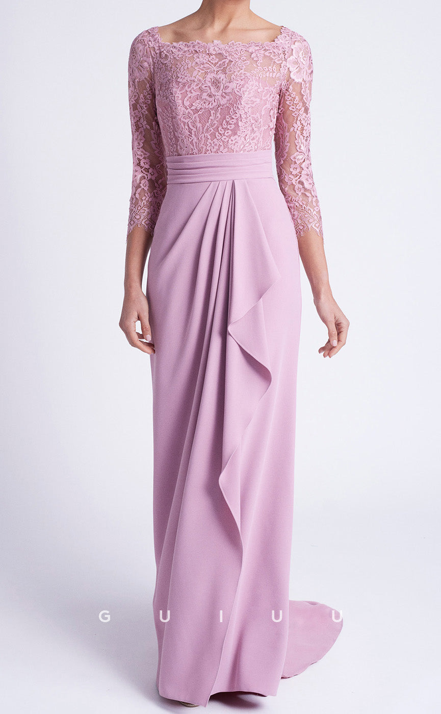 GM189 - Sheath Square Neck 34 Length Sleeves Lace Pleated Cocktail Dress Wedding Guest Dress