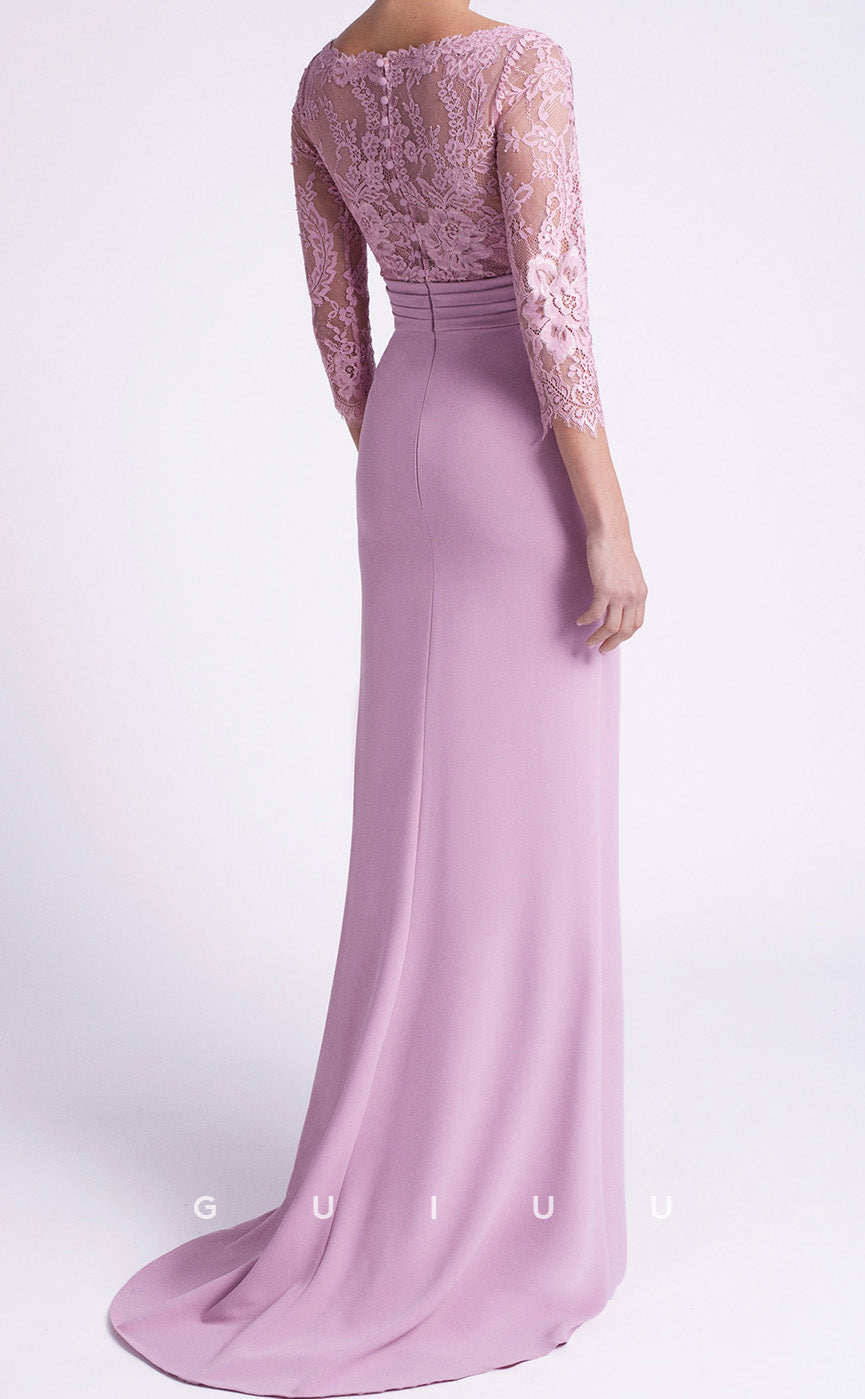 GM189 - Sheath Square Neck 34 Length Sleeves Lace Pleated Cocktail Dress Wedding Guest Dress