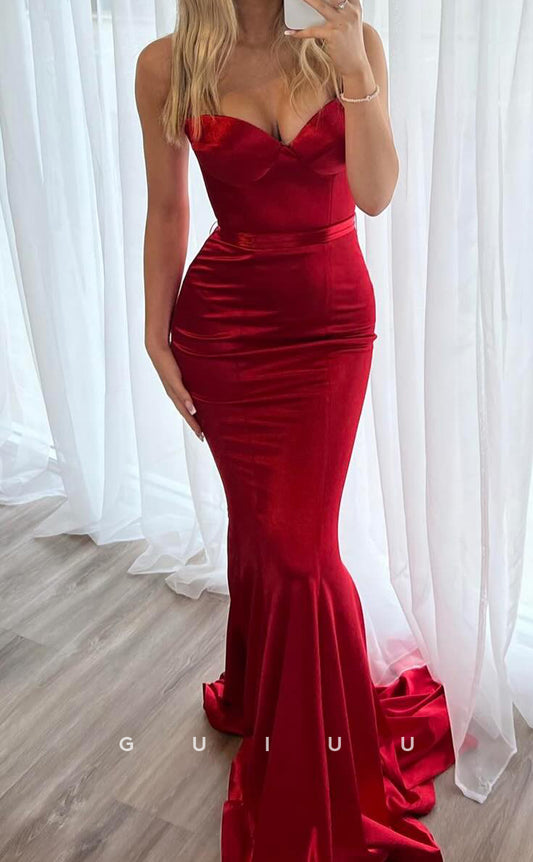 G3762 - Sheath Strapless Sleeveless Back Zipper Long Stain Prom Gown with Train