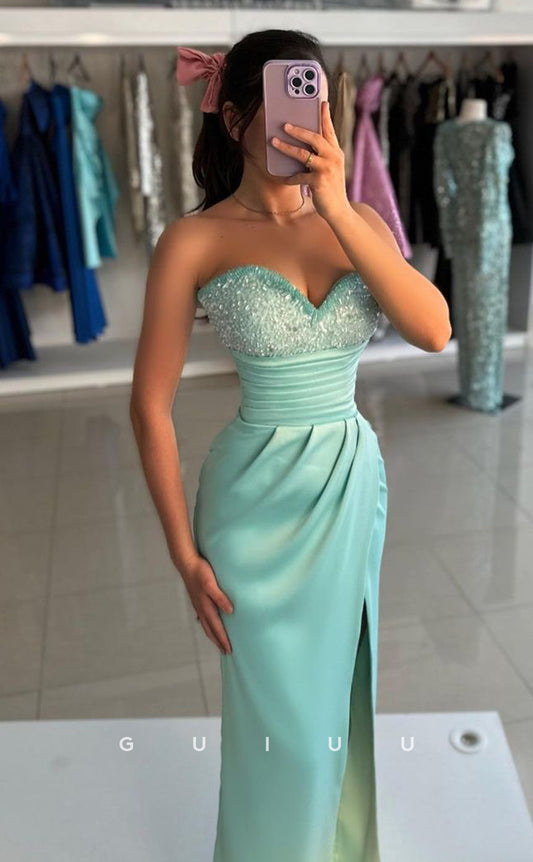 G4236 - Sheath Strapless Sleeveless Beaded Sequined Long Prom Party Dress