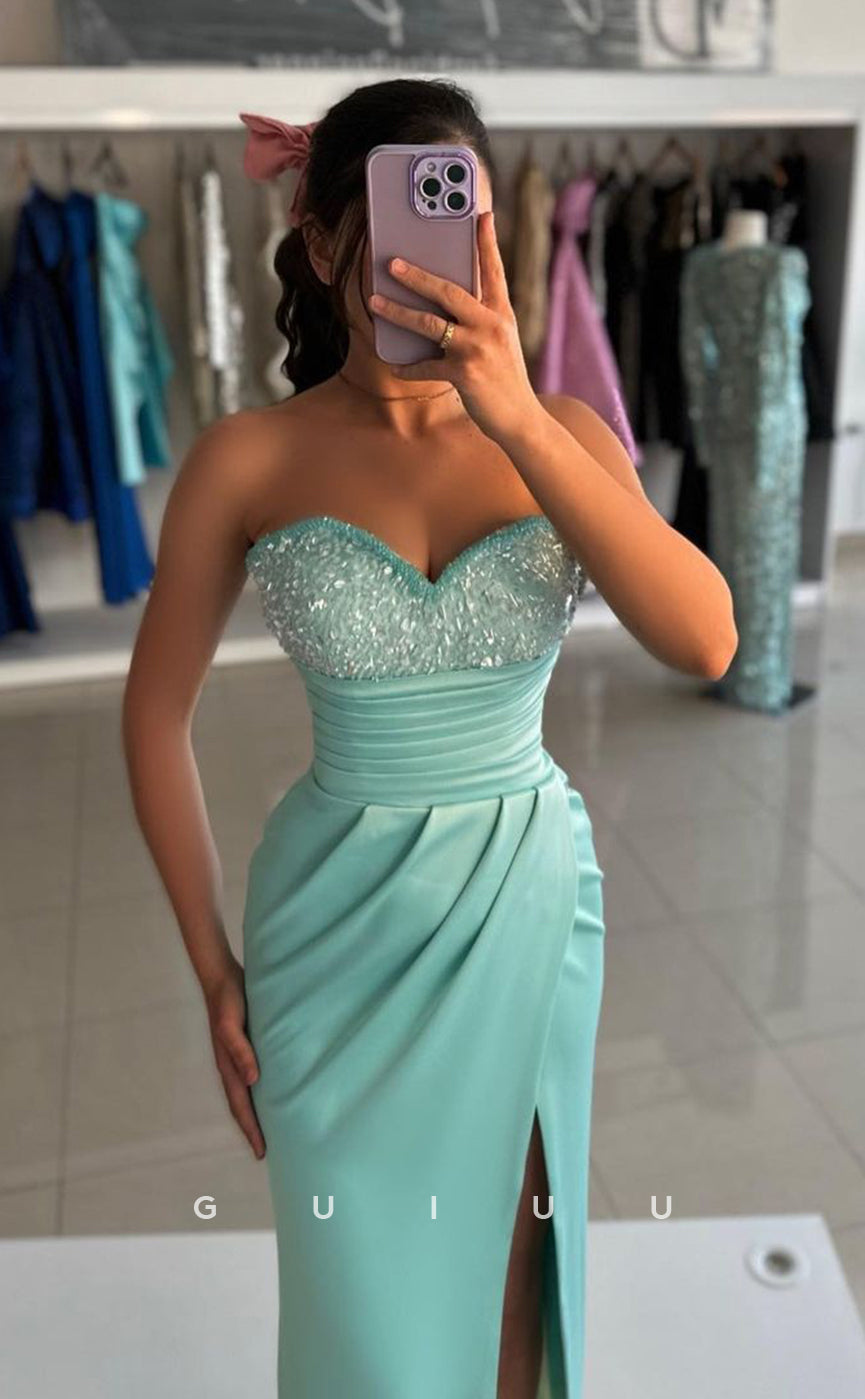 G4236 - Sheath Strapless Sleeveless Beaded Sequined Long Prom Party Dress