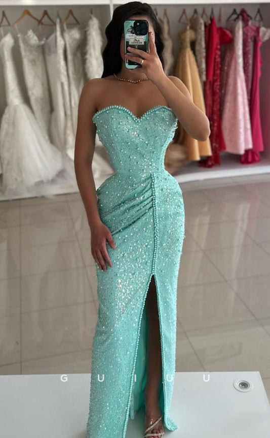 G4078 - Sheath Strapless Sleeveless Fully Sequined Pearls Long Prom Dress with Slit