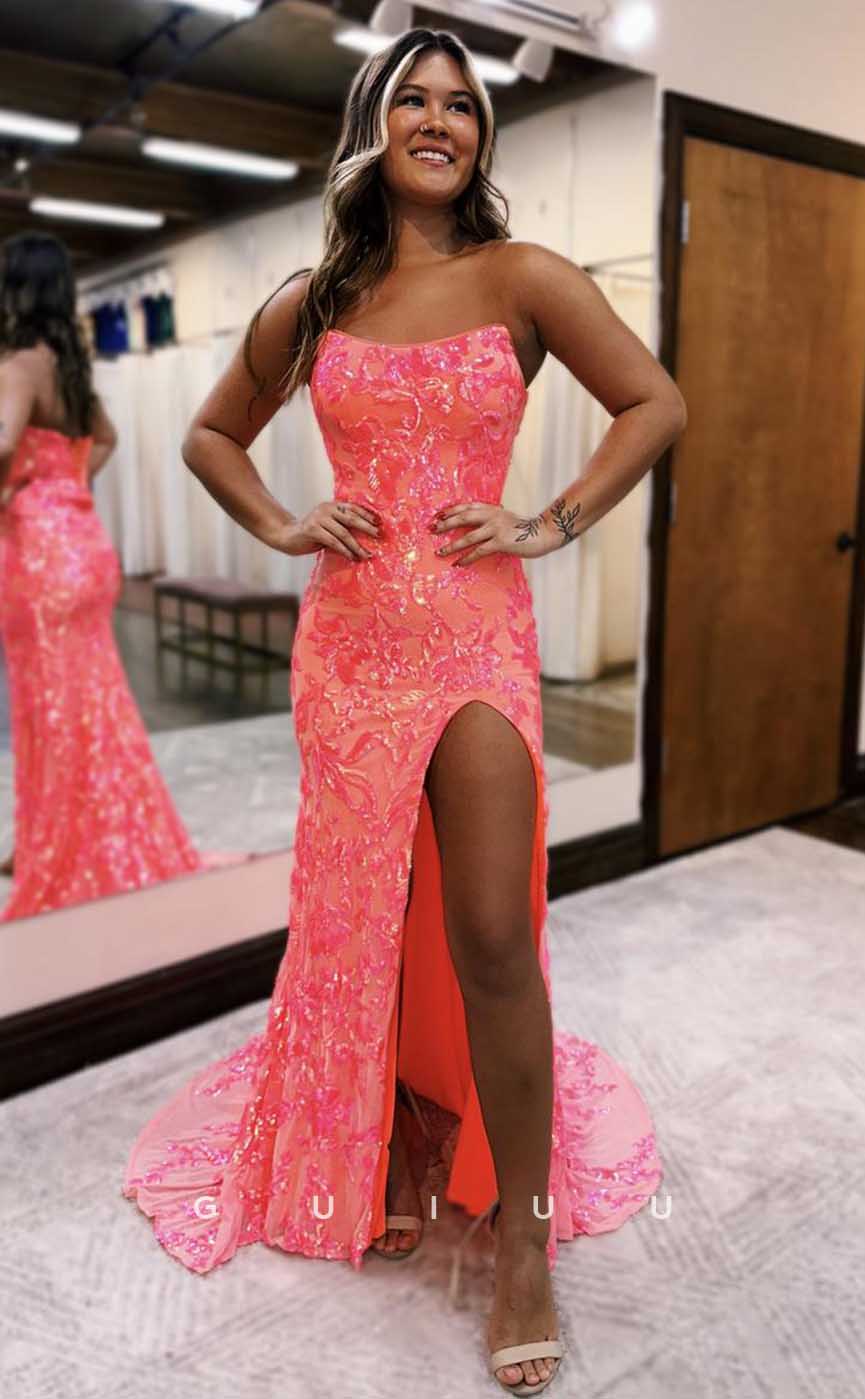 G4649 - Sheath Strapless Sleeveless Fuly Apppliques High Side Slit Prom Dress with Train for Black Girl Slay