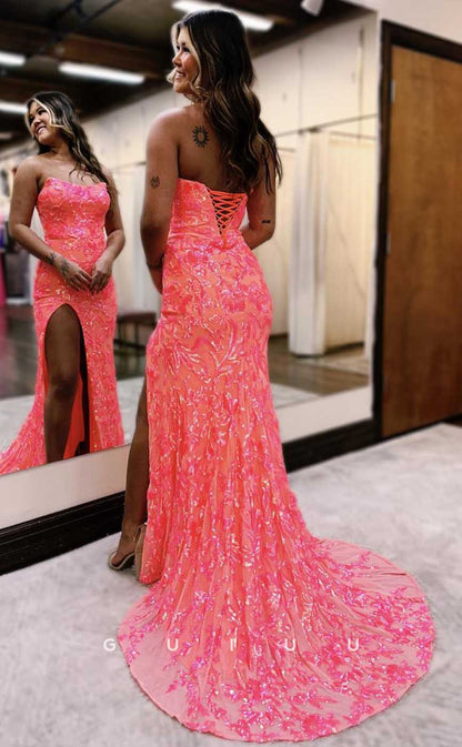 G4649 - Sheath Strapless Sleeveless Fuly Apppliques High Side Slit Prom Dress with Train for Black Girl Slay
