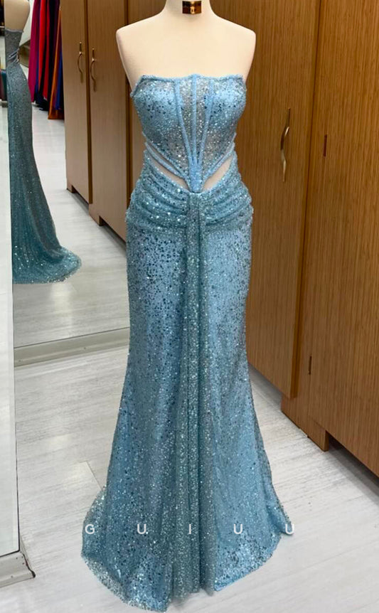G4255 - Sheath Strapless Sleeveless Pleated Fully Sequined Long Prom Evening Gown