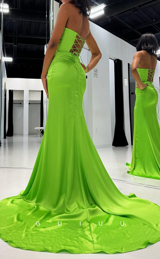 G3725 -  Sheath Strapless Sleeveless Pleated Ruched LaceupLong Prom Dress with Slit and Train