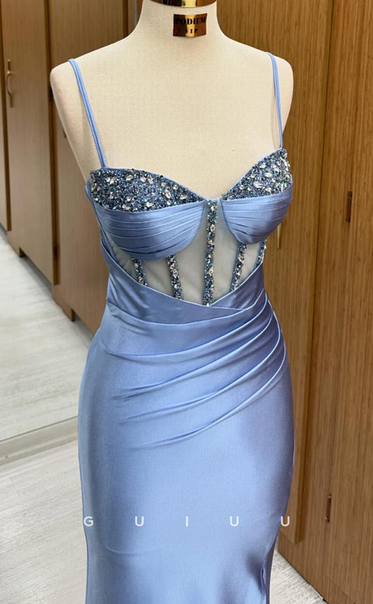 G2435 - Sheath Strapless Straps Sleeveless Pleated CrystaL Back Zipper Long Prom Gown