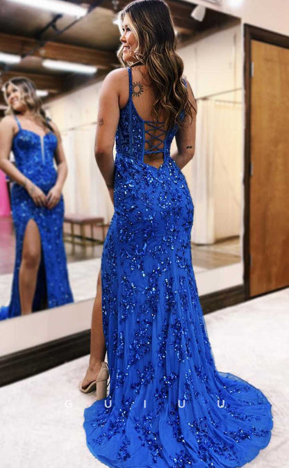 G4654 - Sheath Straps Strapless Sleeveless Fully Appliques and Sequined Prom Dress with Slit and Train