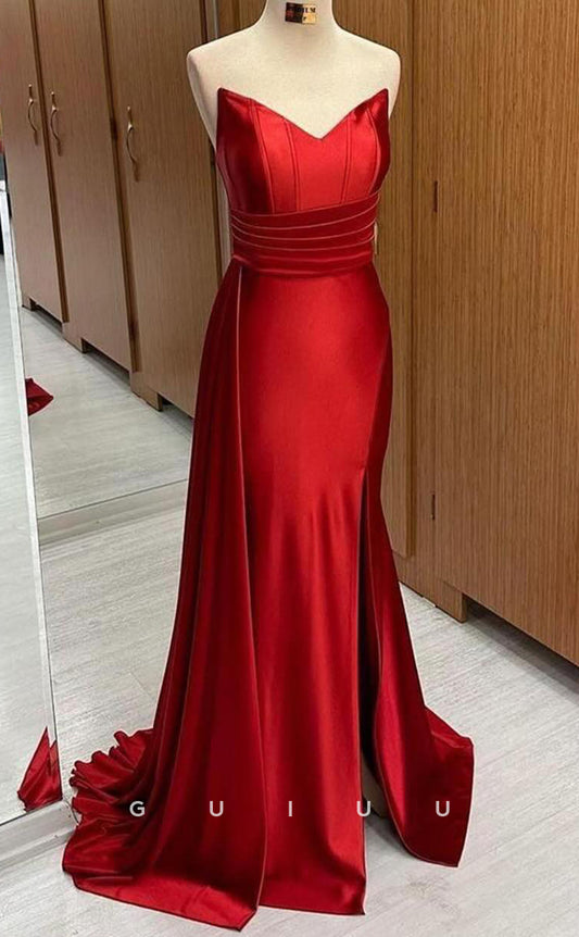 G3353 - Sheath Strpaless Sleeveless Pleated Red Stain Long Prom Party Dress