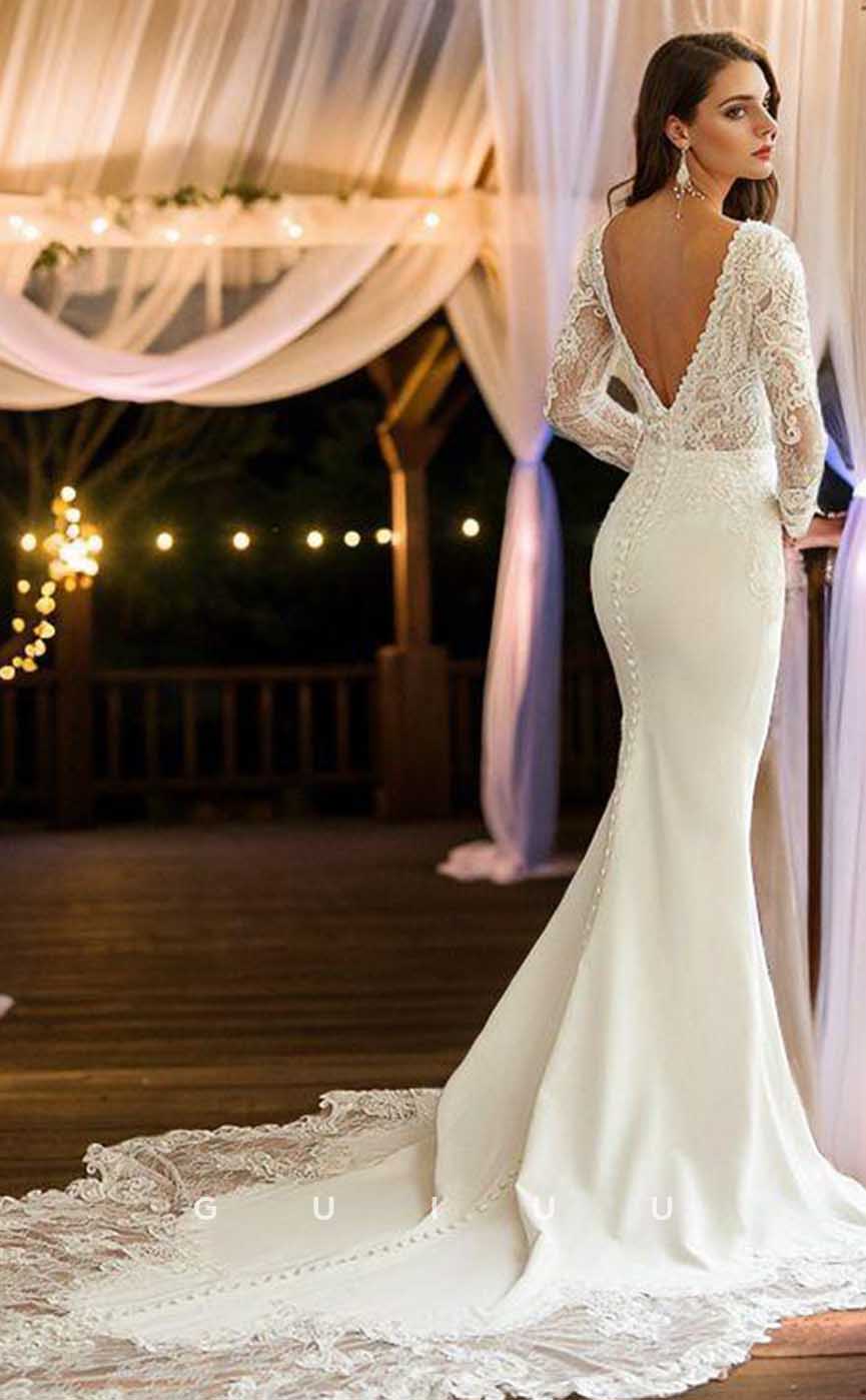 GW911 - Sheath V-neck Long Sleeves Backless Lace and Stain Boho Beach Wedding Dress with Train
