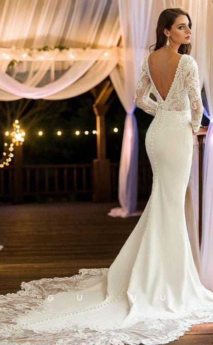 GW911 - Sheath V-neck Long Sleeves Backless Lace and Stain Boho Beach Wedding Dress with Train
