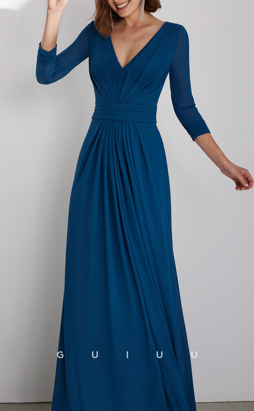 GM201 - Sheath V Neck 34 Length Sleeves Pleated Long Cocktail Dress Wedding Guest Dress with Train