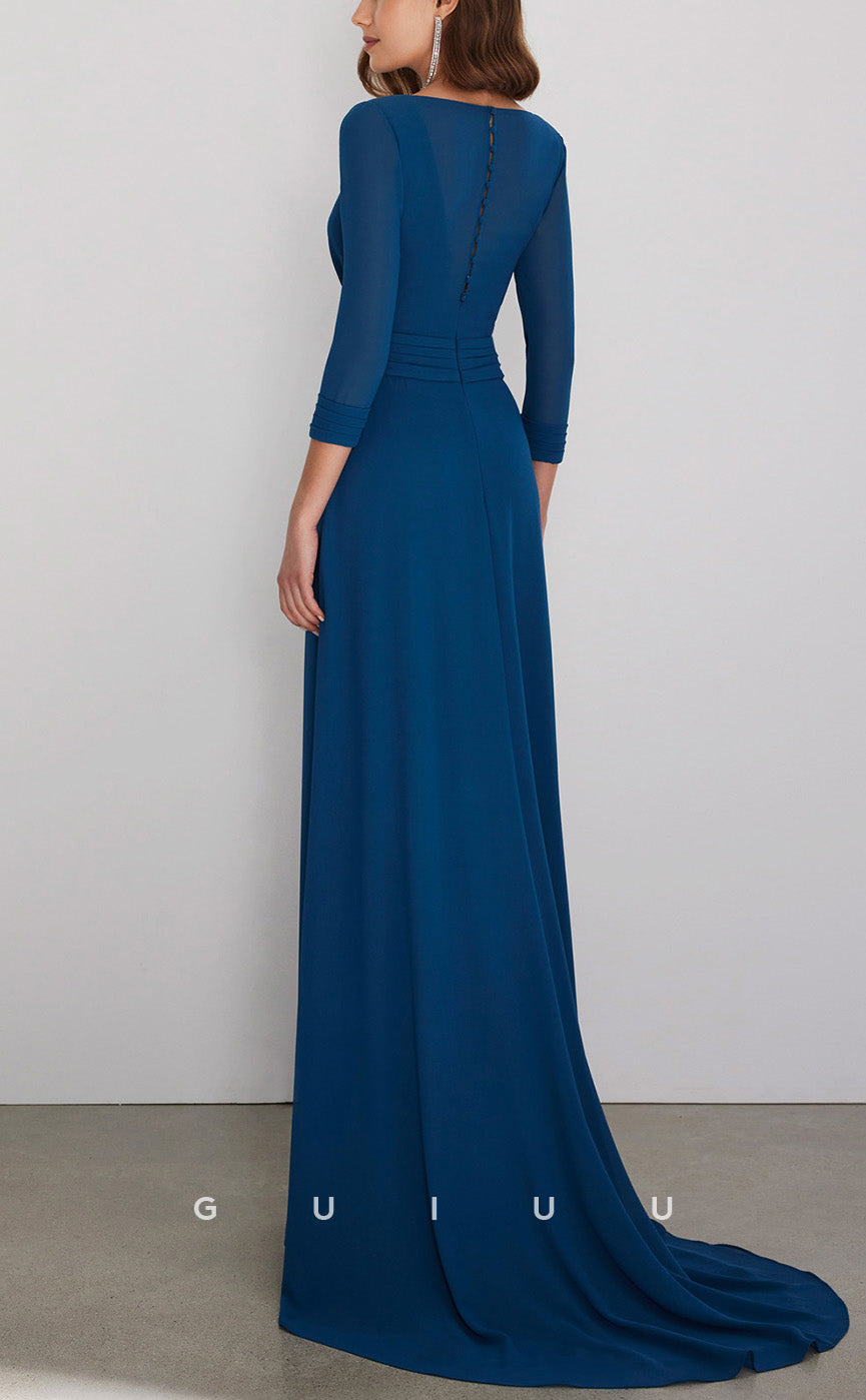 GM201 - Sheath V Neck 34 Length Sleeves Pleated Long Cocktail Dress Wedding Guest Dress with Train