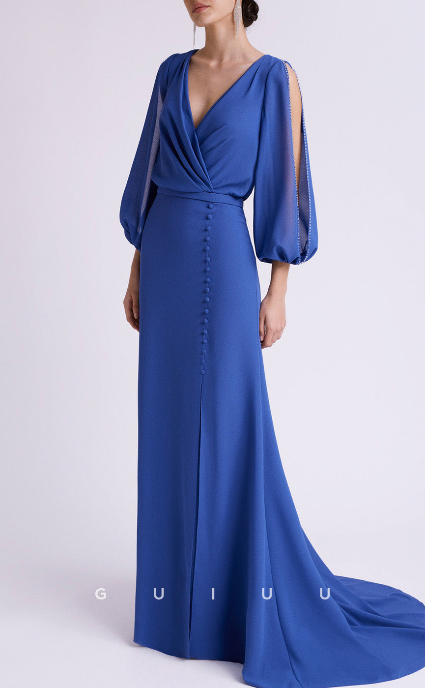 GM261 - Elegant & Timeless Sheath V Neck Long Sleeves Cocktail Dress with Train
