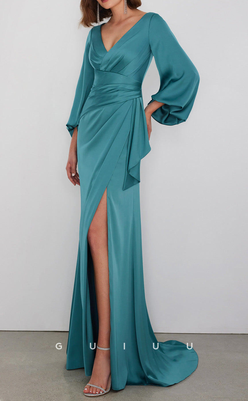 GM213 - Sheath V Neck Long Sleeves Pleated Cocktail Dress with High Side Slit ande Train
