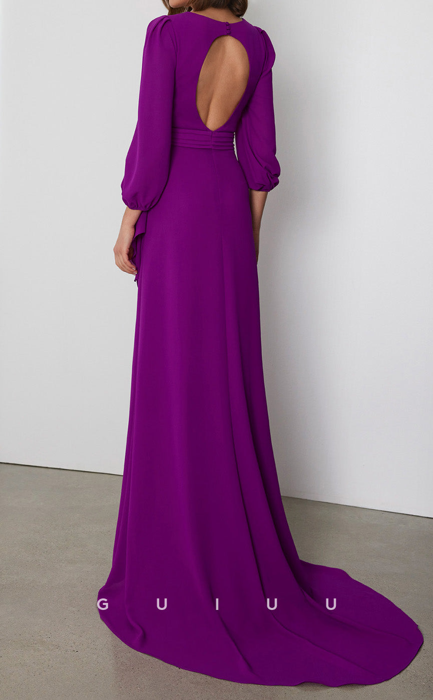 GM180 - Sheath V Neck Long Sleeves Ruched Cocktail Dress Wedding Guest Dress with Slit and Train