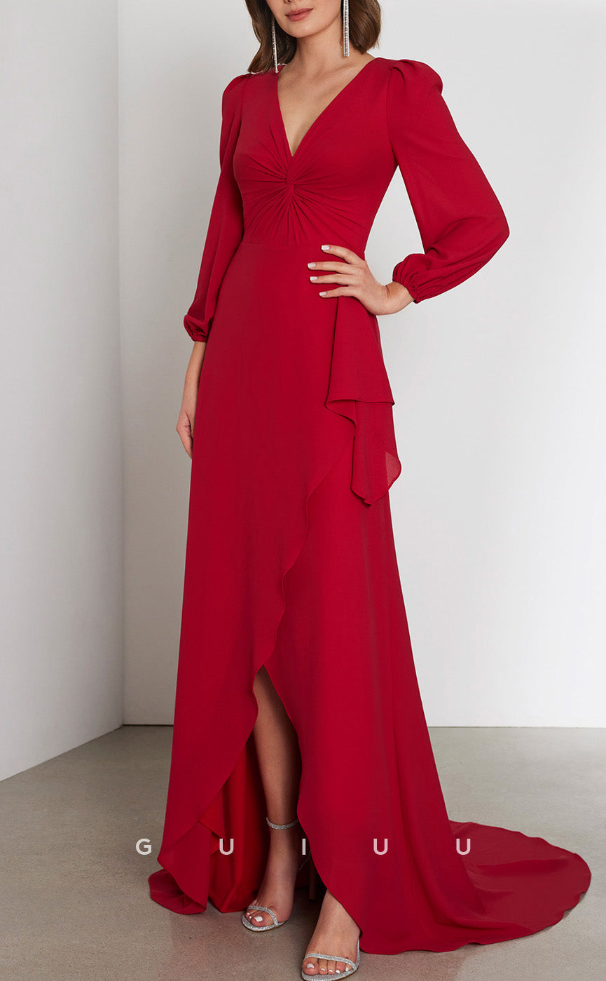 GM180 - Sheath V Neck Long Sleeves Ruched Cocktail Dress Wedding Guest Dress with Slit and Train