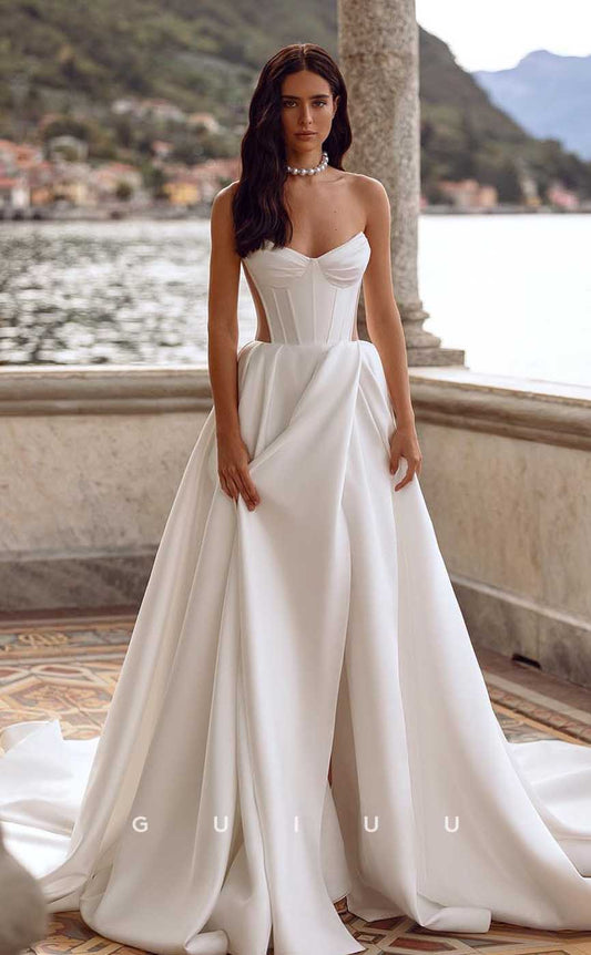 GW906 -  Simple & Elegant A-Line Strapless Sleeveless Stain Wedding Dress with Slit and Train
