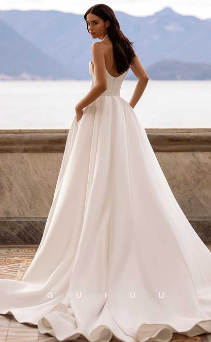 GW906 -  Simple & Elegant A-Line Strapless Sleeveless Stain Wedding Dress with Slit and Train