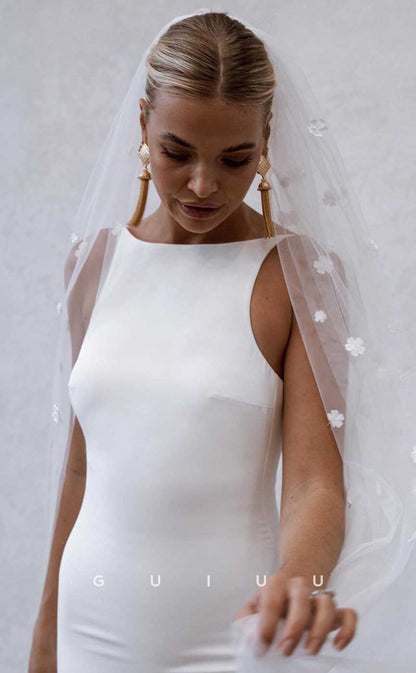 GW881 - Simple High Neck Sleeveless Straps Backless Court Train Mermaid Stain Wedding Dress