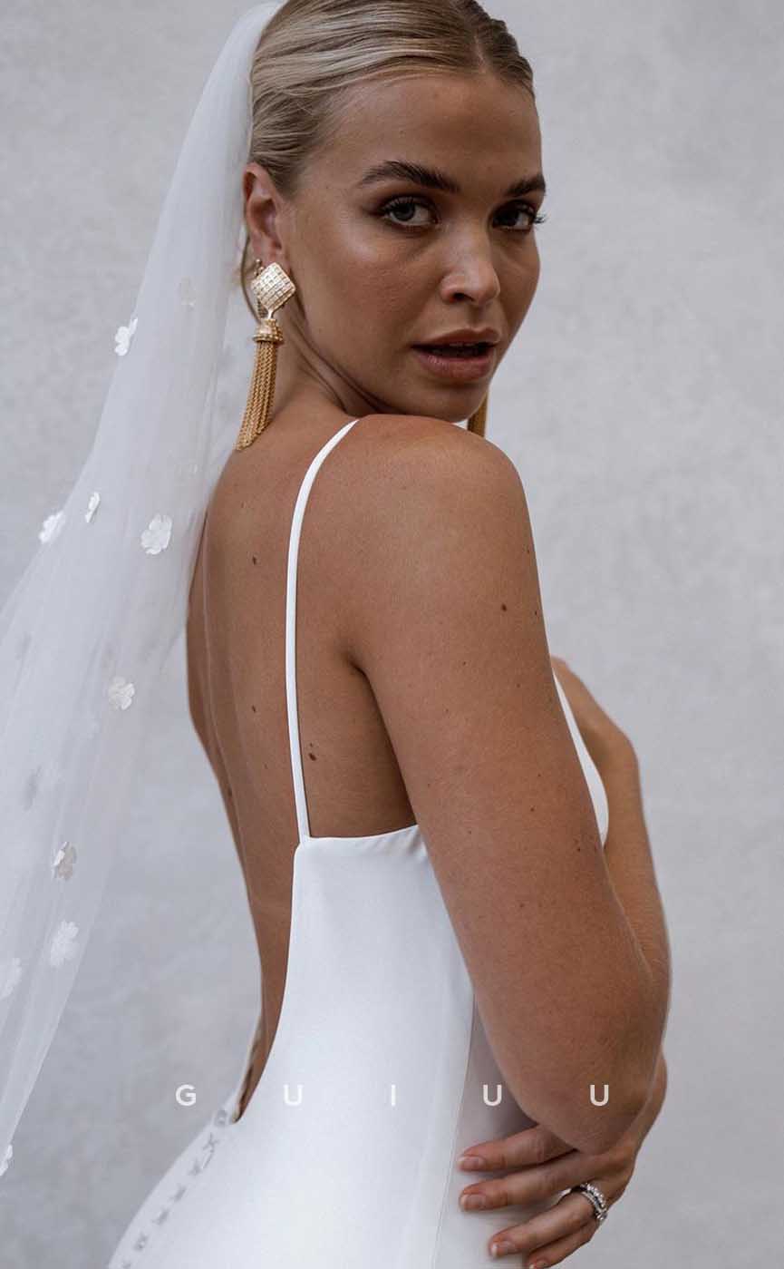GW881 - Simple High Neck Sleeveless Straps Backless Court Train Mermaid Stain Wedding Dress