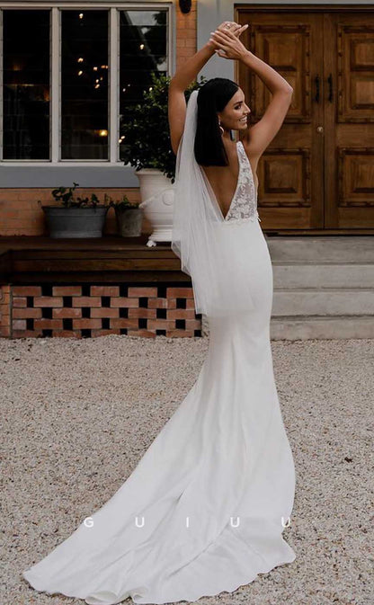 GW885 -  Simple Square Straps Appliques Mermaid Stain Beach Wedding Dress with Court Train