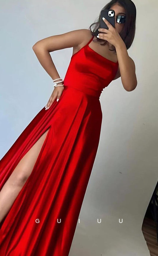 G4203 - Simple & Casual A-Line Halter Criss-Cross Straps Long Prom Formal Dress with High Side Slit