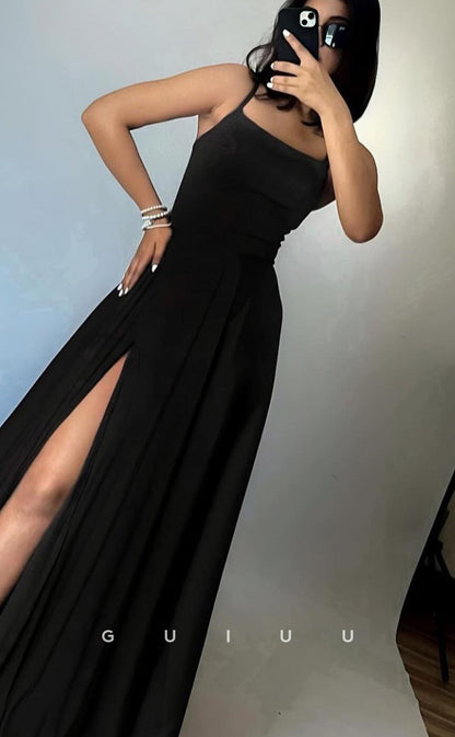G4203 - Simple & Casual A-Line Halter Criss-Cross Straps Long Prom Formal Dress with High Side Slit