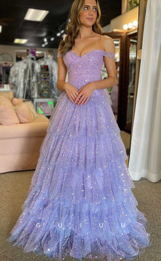 G4487 - Simple & Casual A-Line Off-Shoulder Sleeveless Purple Tulle Tiered Floor-Length Prom Party Dress with Allover Sequins