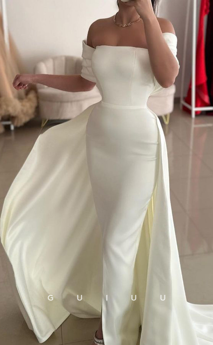 G3835 - Simple & Casual Mermaid OffShoulder Long Prom Evening Dress with Slit and Train