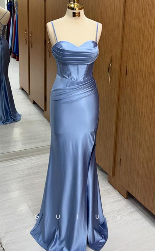 G4230 - Simple & Casual Mermaid Strapless Straps Sleeveless Pleaated Ruched Long Party Prom Gown