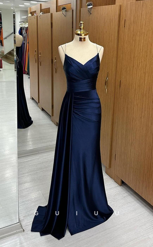 G4040 - Simple & Casual Mermaid V Neck Straps Sleeveless Stain Pleats Formal Prom Dress
