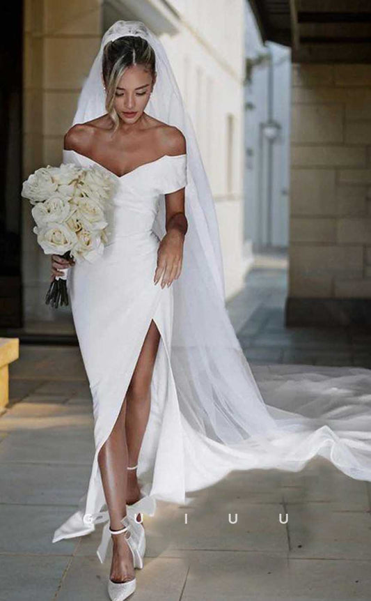 GW910 -  Simple & Casual Sheath Off-Shoulder Stain Beach Wedding Dress with Slit and Train