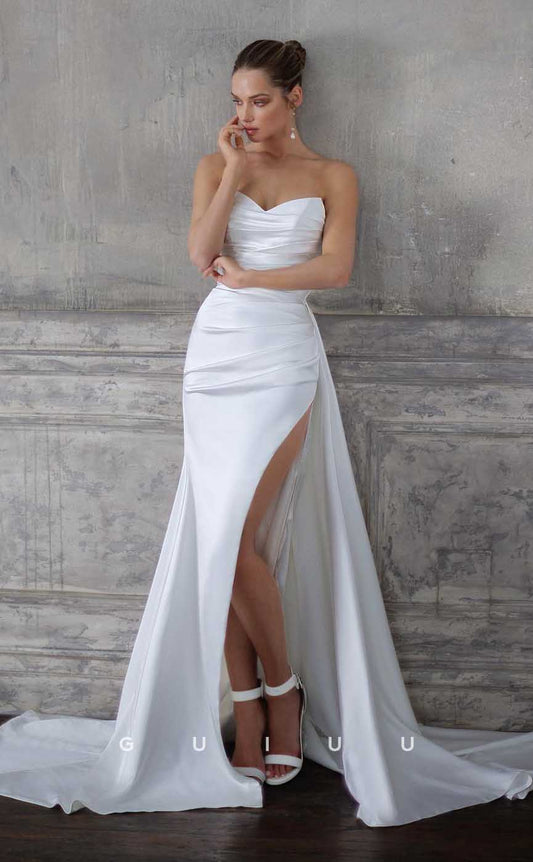 GW845 - Simple & Casual Strapless Pleats Stain Wedding Dress with Slit and Train