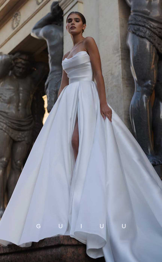 GW870 -  Simple & Casual Strapless leeveless Pleats Stain Wedding Dress with Slit and Train
