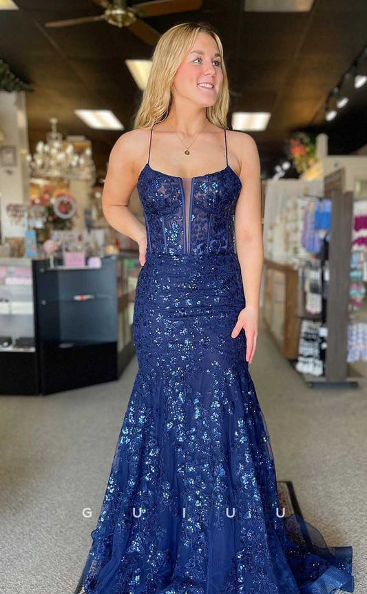 G4489 -  Simple & Classic Mermaid Straps Sleeveless Allover Appliques and Sequins Long Prom Evening Dress