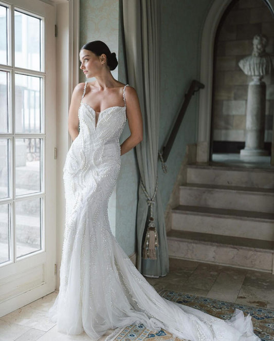 GW935 - Strapless Straps Sleeveless Fully Beaded Pearls Backless Mermaid Tulle Wedding Dress with Train