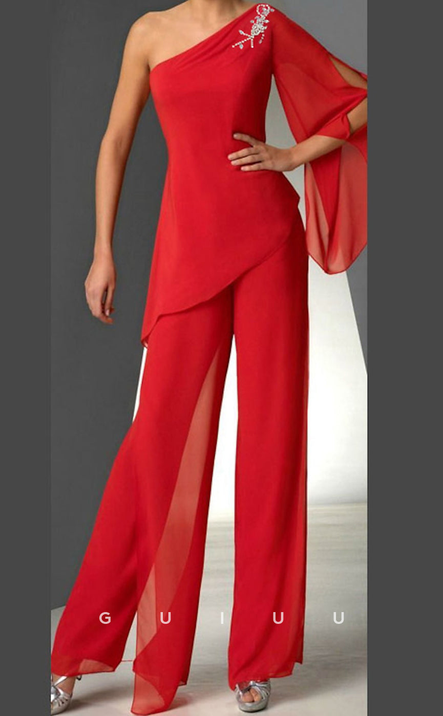 GM135 - Two Piece Jumpsuit One Shoulder Floor Length Long Sleeves Chiffon Mother of the Bride Dress