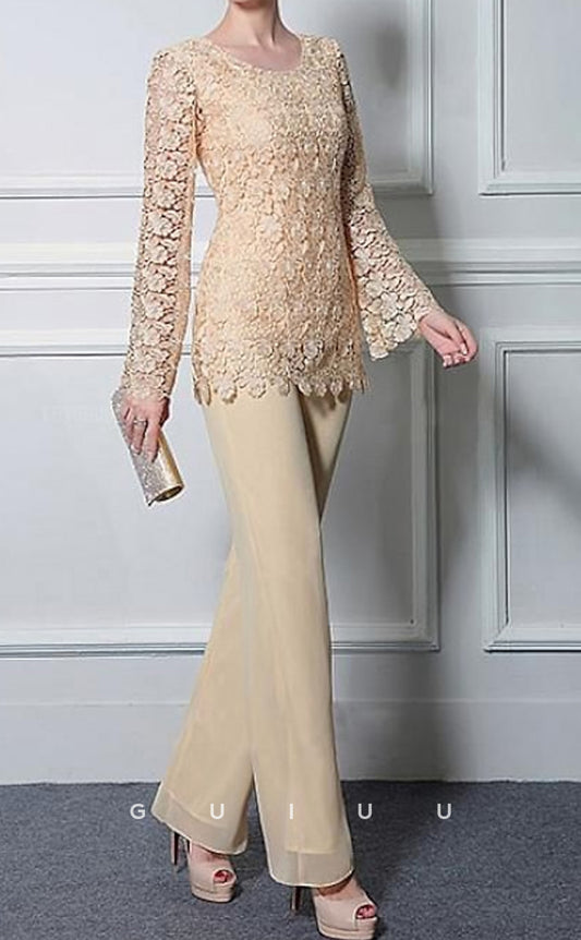GM104 - Two Piece Jumpsuit Scoop Neck Ankle Length Chiffon Lace Long Sleeves Mother of the Bride Dress