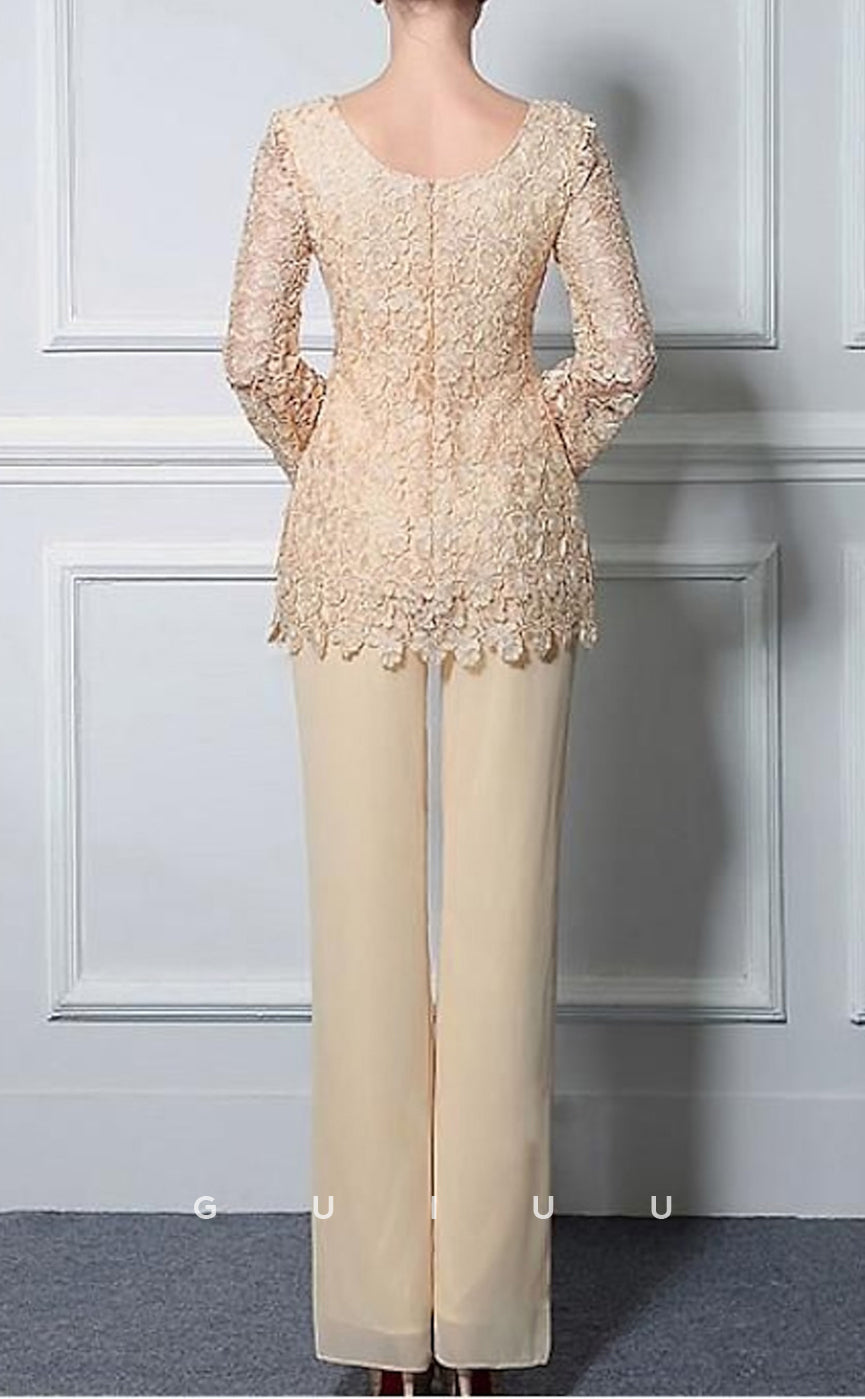 GM104 - Two Piece Jumpsuit Scoop Neck Ankle Length Chiffon Lace Long Sleeves Mother of the Bride Dress
