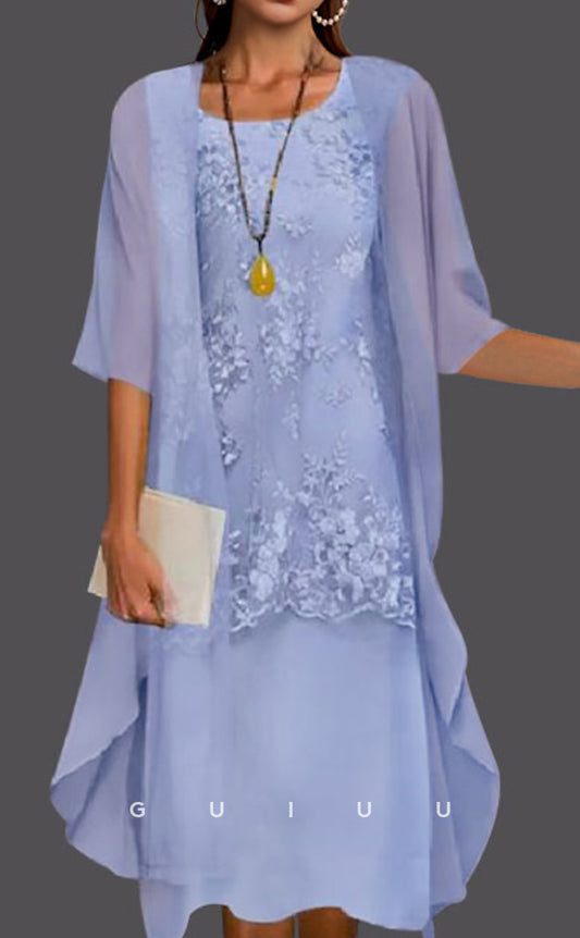 GM069 - Two Piece Sheath Half Sleeves Tea Length Appliques Chiffon Mother of the Bride Dress