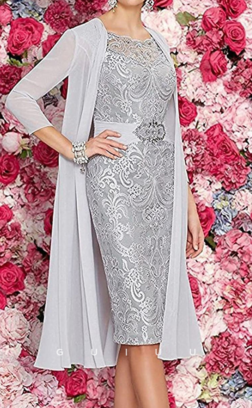 GM112 - Two Piece Sheath Scoop Neck Knee Length Chiffon Mother of the Bride Dress