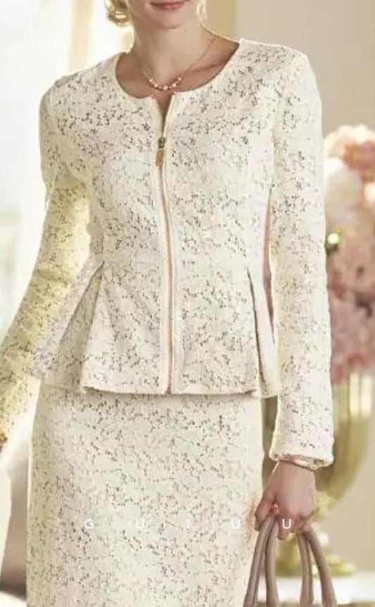 GM110 - Two Piece Sheath Scoop Neck Long Sleeves Knee Length Lace Mother of the Bride Dress Wrap Included