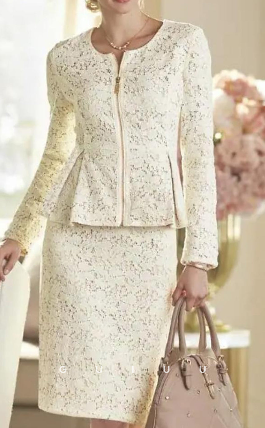 GM110 - Two Piece Sheath Scoop Neck Long Sleeves Knee Length Lace Mother of the Bride Dress Wrap Included