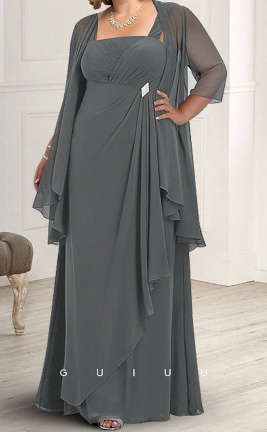 GM086 - Two Pieces A-Line Square Neck Long Sleeves Floor Length Chiffon Mother of the Bride Dress